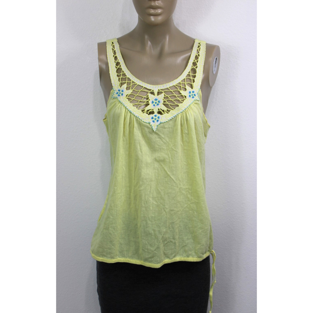 Free People Embroidered Sheer Mesh Cami Top S Boho Hippie Cotton Yellow Halter